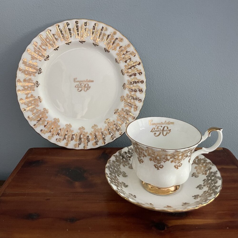 Royal Albert 50Th ANNIVERSARY Cup Saucer Dessert Plate White Gold England Set 3